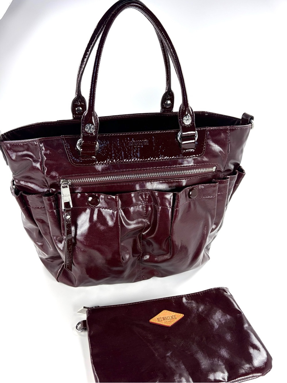 MZ Wallace Mayfair Tote Currant Gloss Burgundy Lacquer Bag Pouch EUC